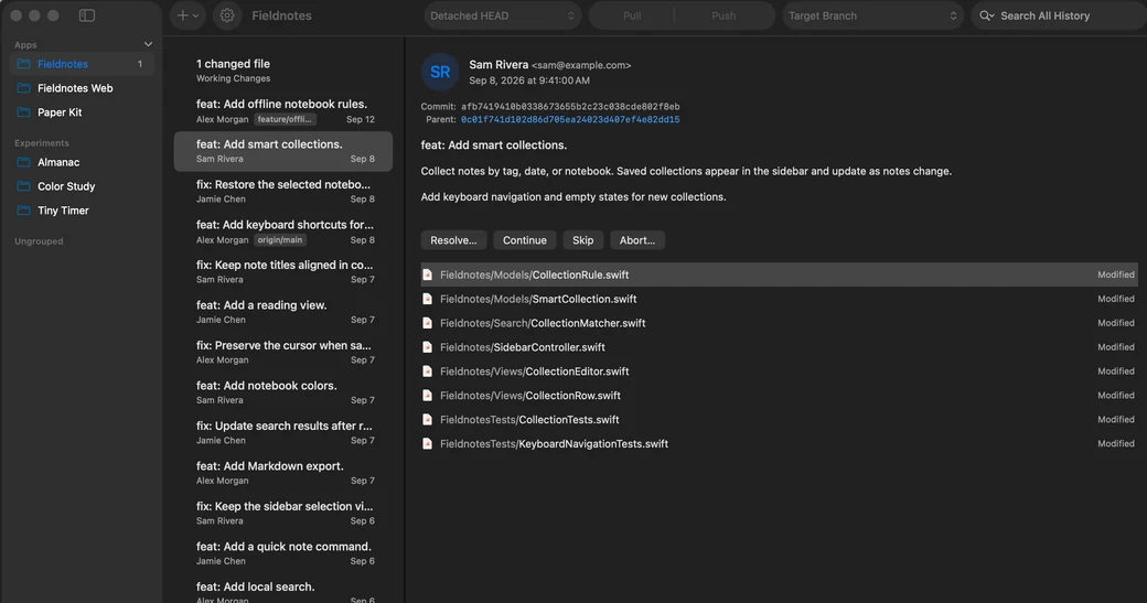 GitLode paused on a rebase conflict with Resolve, Continue, Skip, and Abort controls