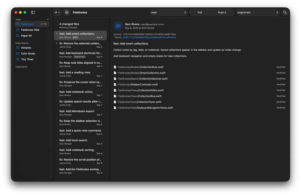 GitLode workspace: a toolbar with the current branch, Pull, Push, the target branch and search, above the repository sidebar, the commit history and the commit details