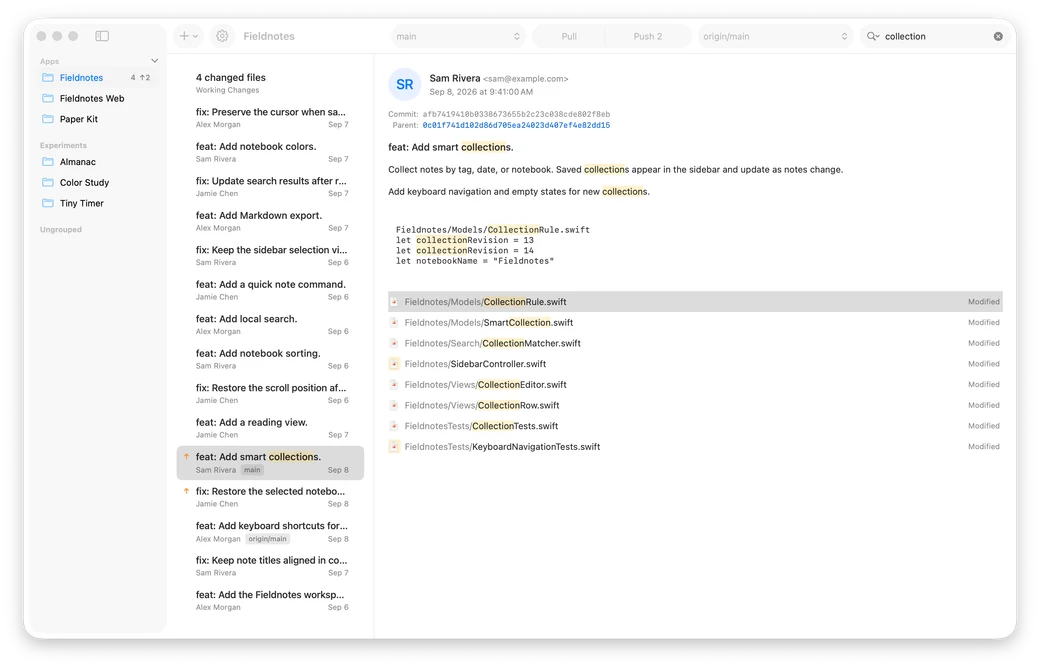 GitLode search results with highlighted matches in commits, file paths, and file contents