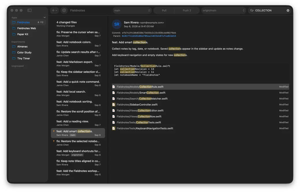 GitLode search results with highlighted matches in commits, file paths, and file contents