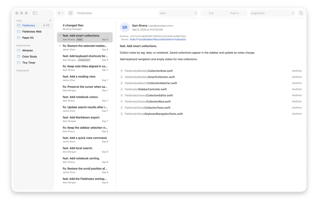 GitLode workspace: a toolbar with the current branch, Pull, Push, the target branch and search, above the repository sidebar, the commit history and the commit details